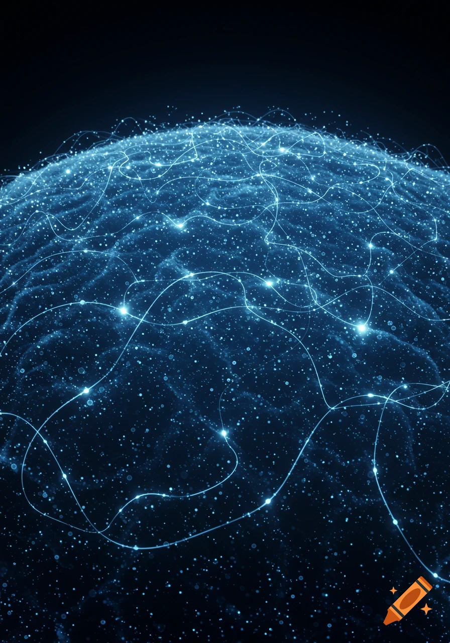 Abstract glowing blue neural network on a dark background, representing interconnected data.