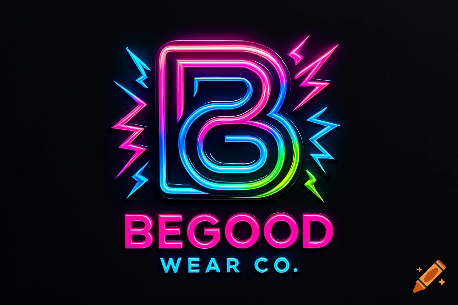 Neon logo for 'BEGOOD WEAR CO.' with a large glowing 'B' and lightning bolt accents against a dark background.