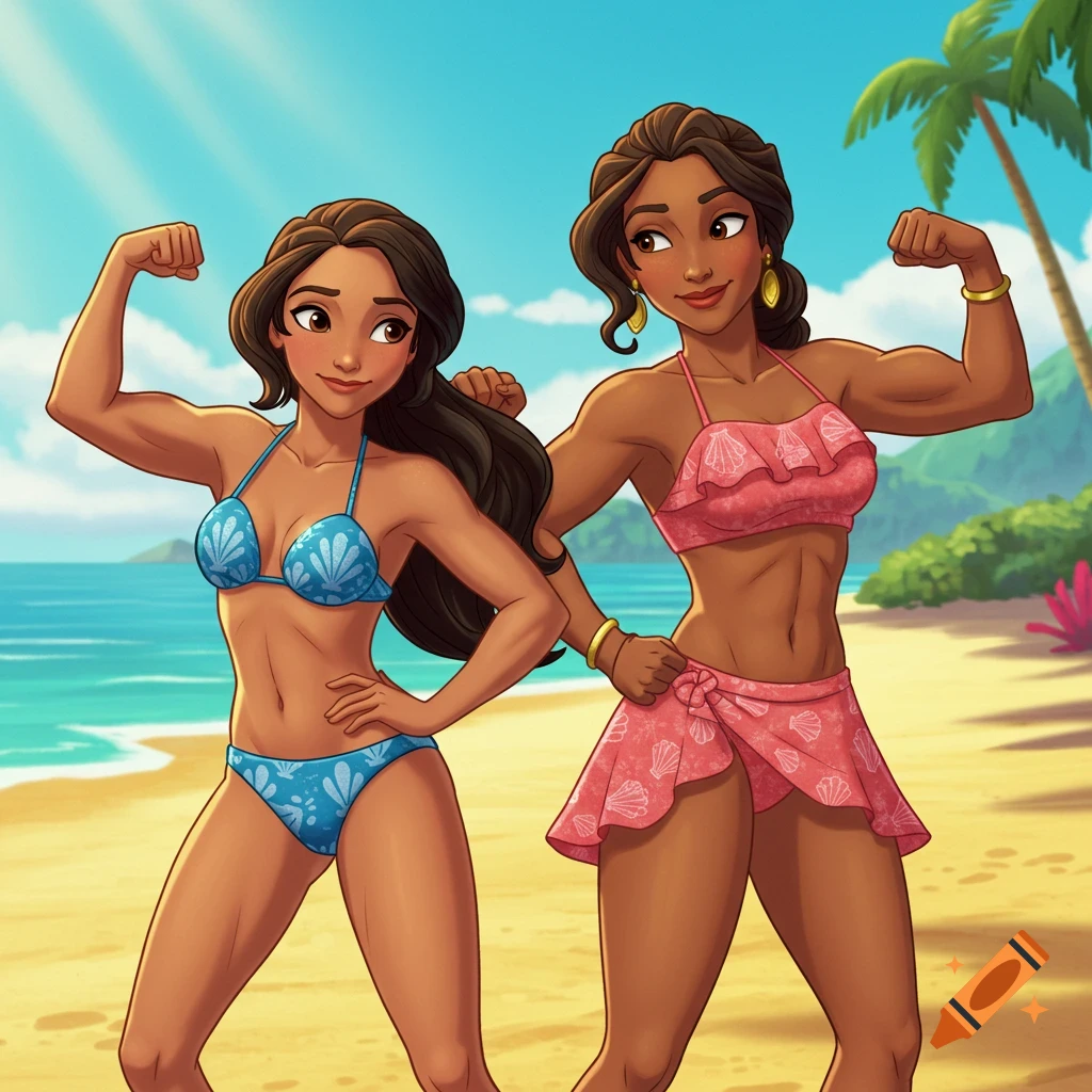 Two animated women with dark hair and tan skin flex their muscles on a sunny beach. One wears a blue seashell bikini, the other a pink seashell bikini and matching sarong.