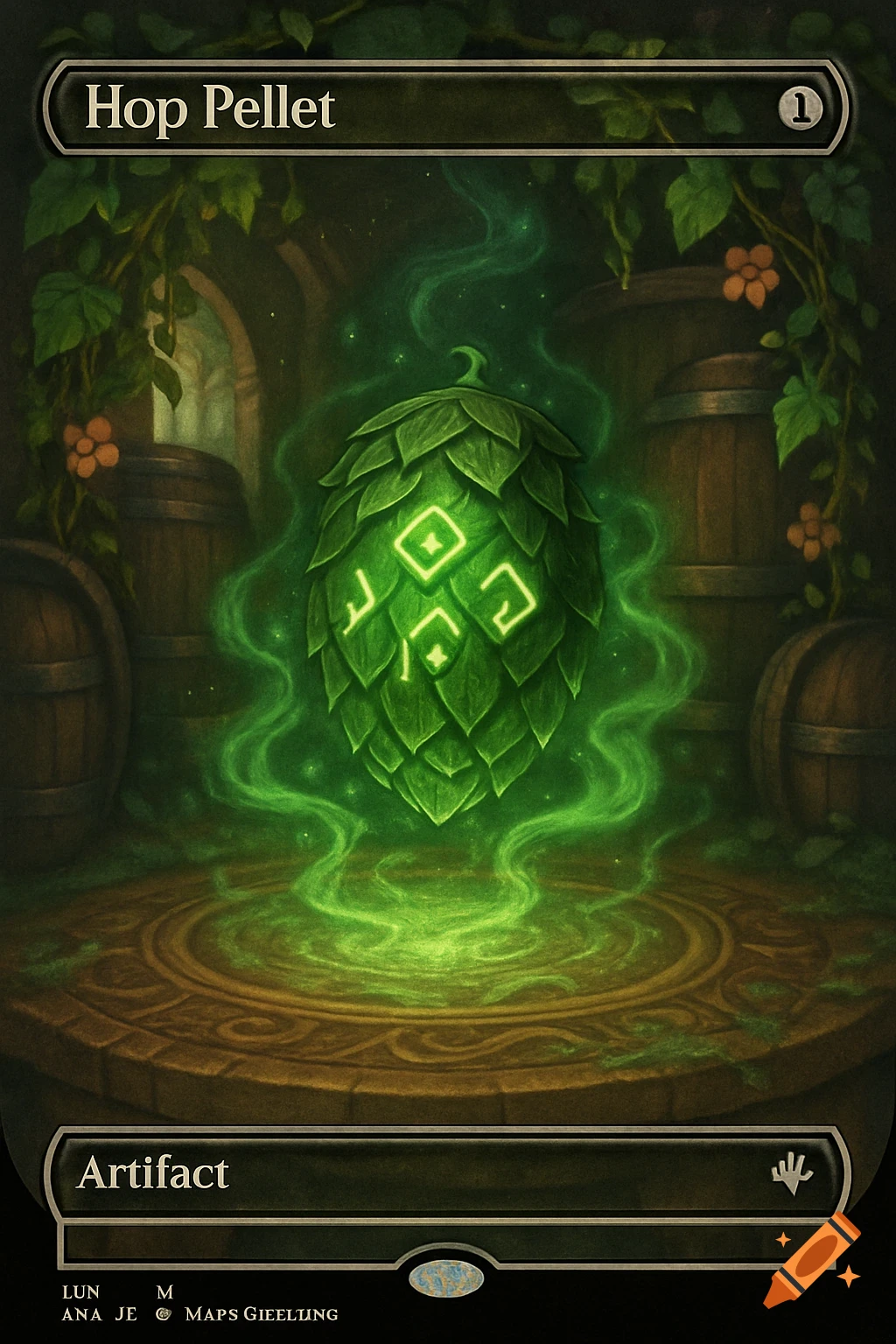 A Magic: The Gathering card named 'Hop Pellet', featuring a glowing green hop cone with glowing symbols floating above a stone pedestal, surrounded by barrels and vines.