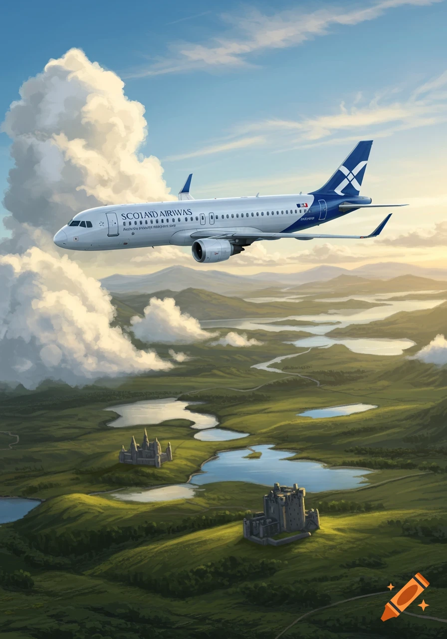 Digital painting of a white and blue airplane flying over a green, hilly landscape with lakes and two castles under a cloudy sky.