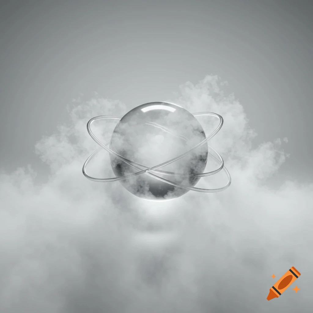 A monochrome 3D render of a glossy sphere with intersecting rings, surrounded by swirling clouds.