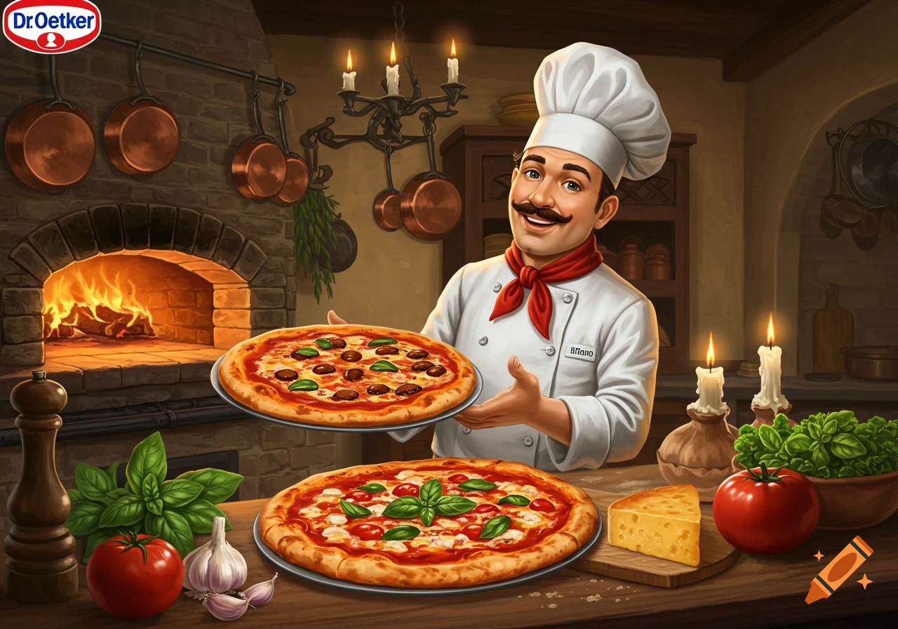 A smiling chef in a traditional kitchen holding a pizza, with another pizza and ingredients on a wooden counter, in an illustrative style.