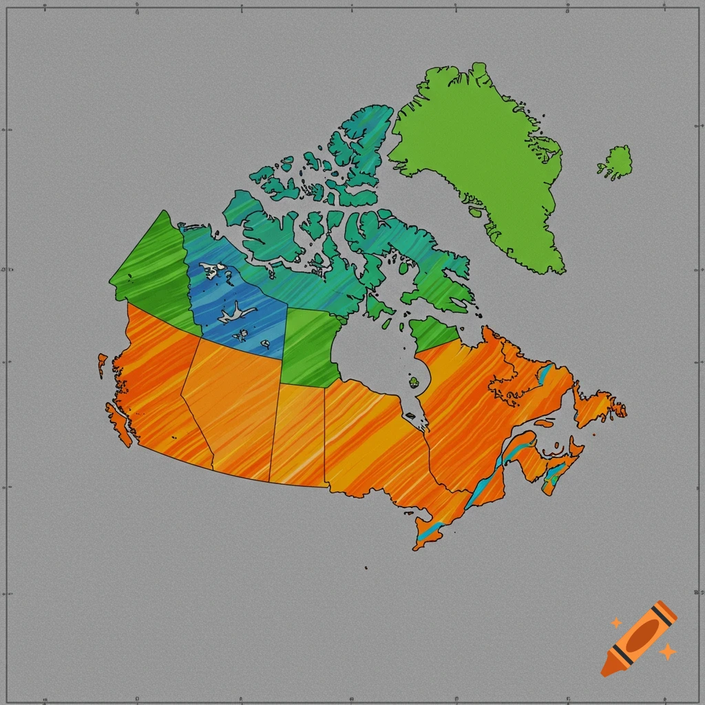 A stylized map of Canada, divided by provinces with no labels, featuring provinces colored in various green, blue, and orange diagonal stripes on a grey, textured background with grid lines.