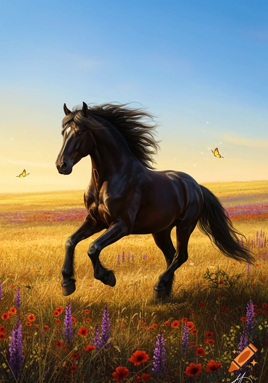 A majestic black horse gallops through a sunlit field of golden grass and colorful wildflowers under a clear blue sky.