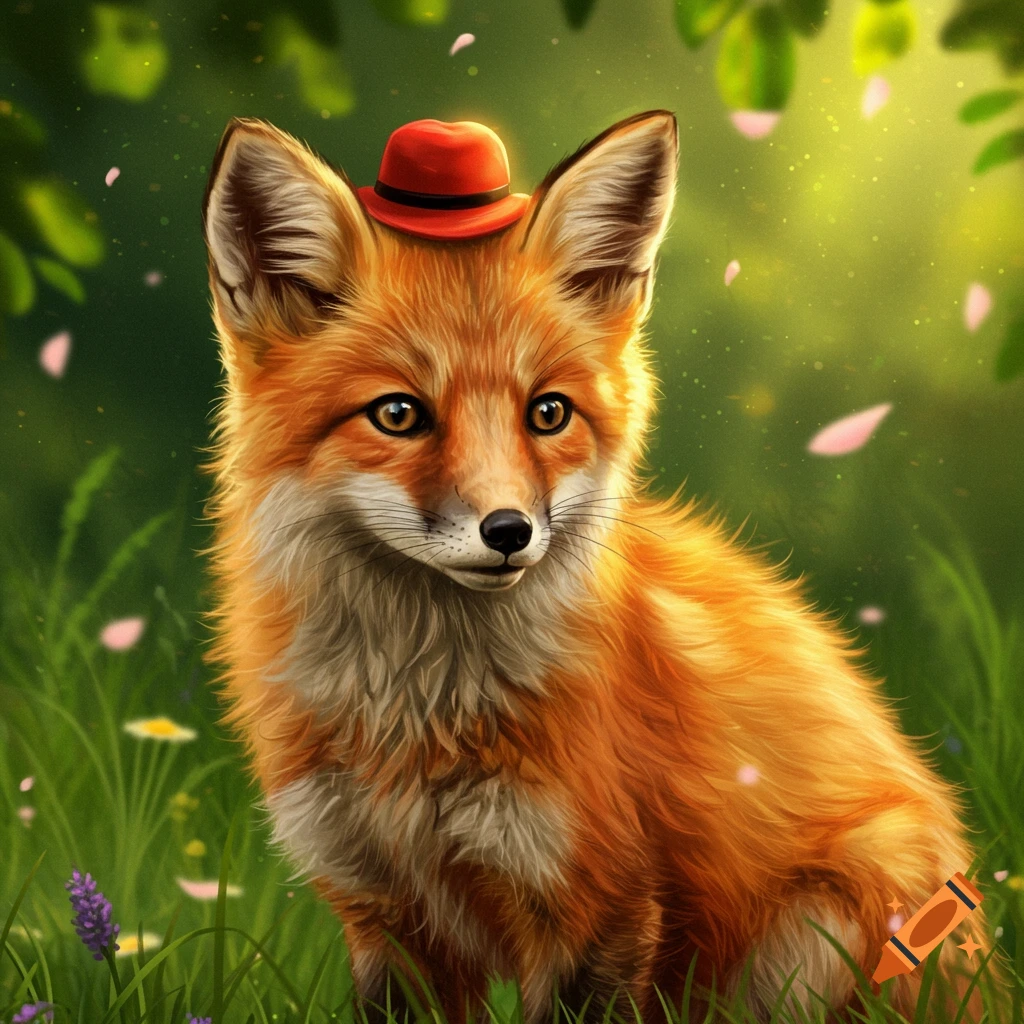 A cute red fox wearing a small red hat sits in a lush green meadow with light pink petals falling.
