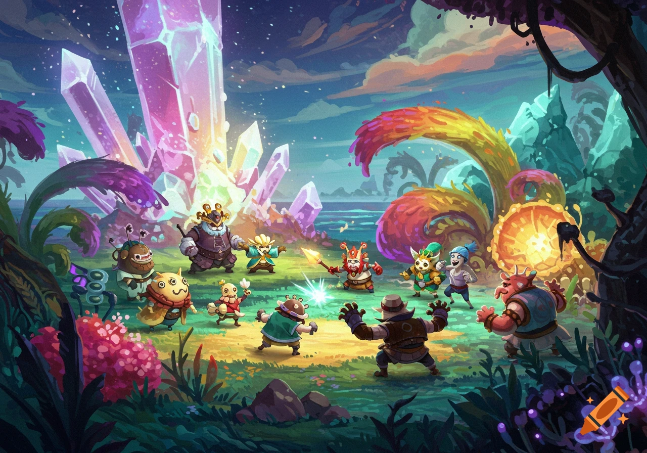 Vibrant cartoon fantasy illustration of diverse characters in a colorful landscape with glowing crystals and exotic plants.