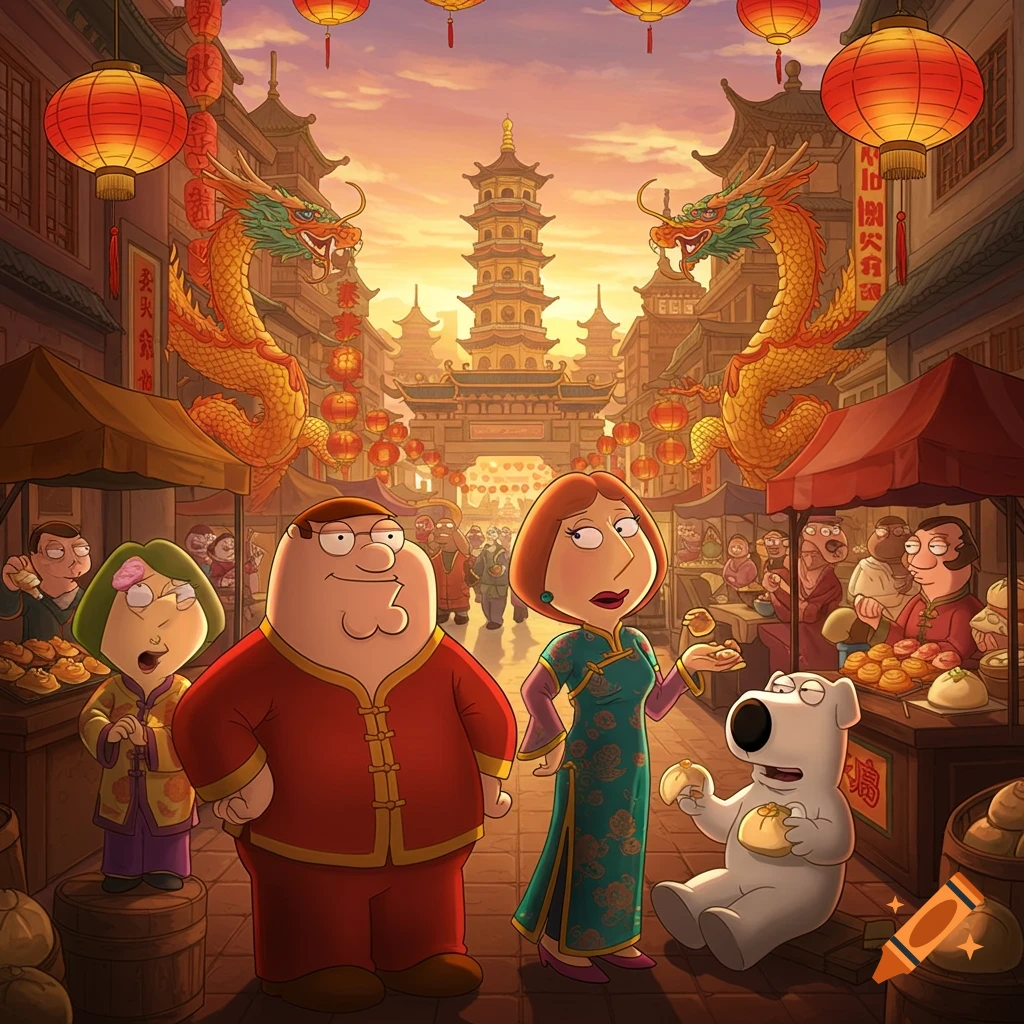 The Family Guy characters Peter, Lois, Meg, and Brian are dressed in traditional Chinese attire, standing in a bustling street market at sunset, with red lanterns, dragons, and pagodas in the background.