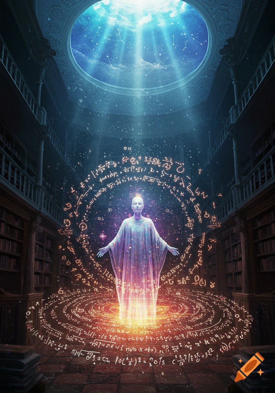A mystical figure glows with light, surrounded by swirling mathematical symbols in a grand library with a starry oculus.