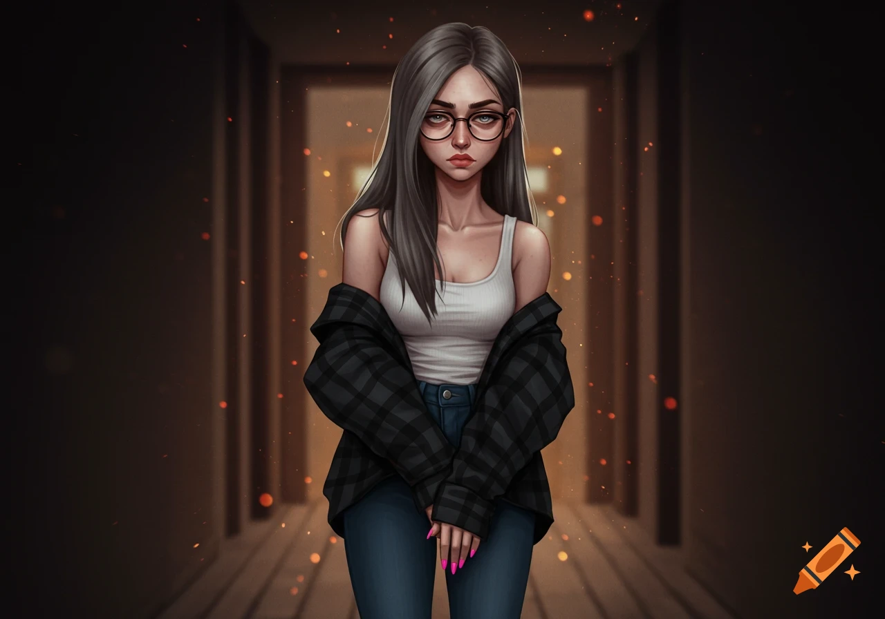 A digital art portrait of a woman with long dark grey hair, glasses, white tank top, and an unbuttoned black plaid flannel, standing in a dim hallway.
