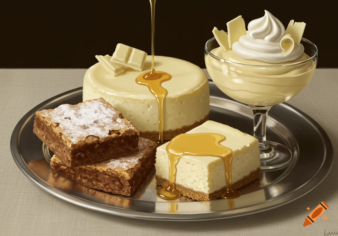 A silver platter with cheesecake slices, brownies dusted with powdered sugar, and a glass of white chocolate mousse. Caramel drizzles.