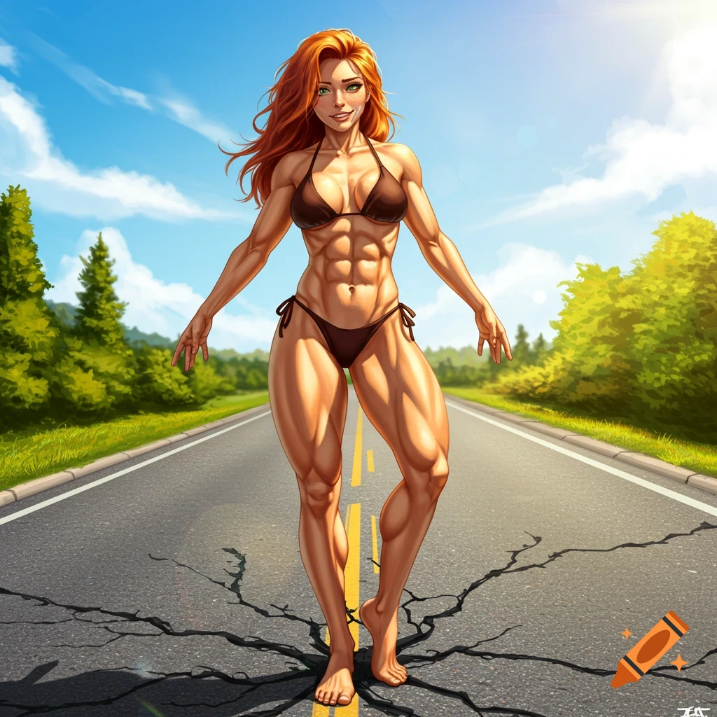 A muscular woman with red hair, wearing a bikini, stands barefoot on a cracked road, showcasing her strength in a digital art style.