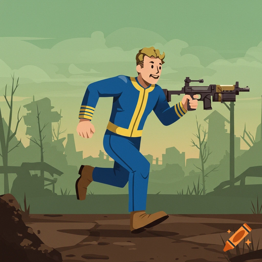 Cartoon illustration of Vault Boy from Fallout running with a gun in a wasteland setting.