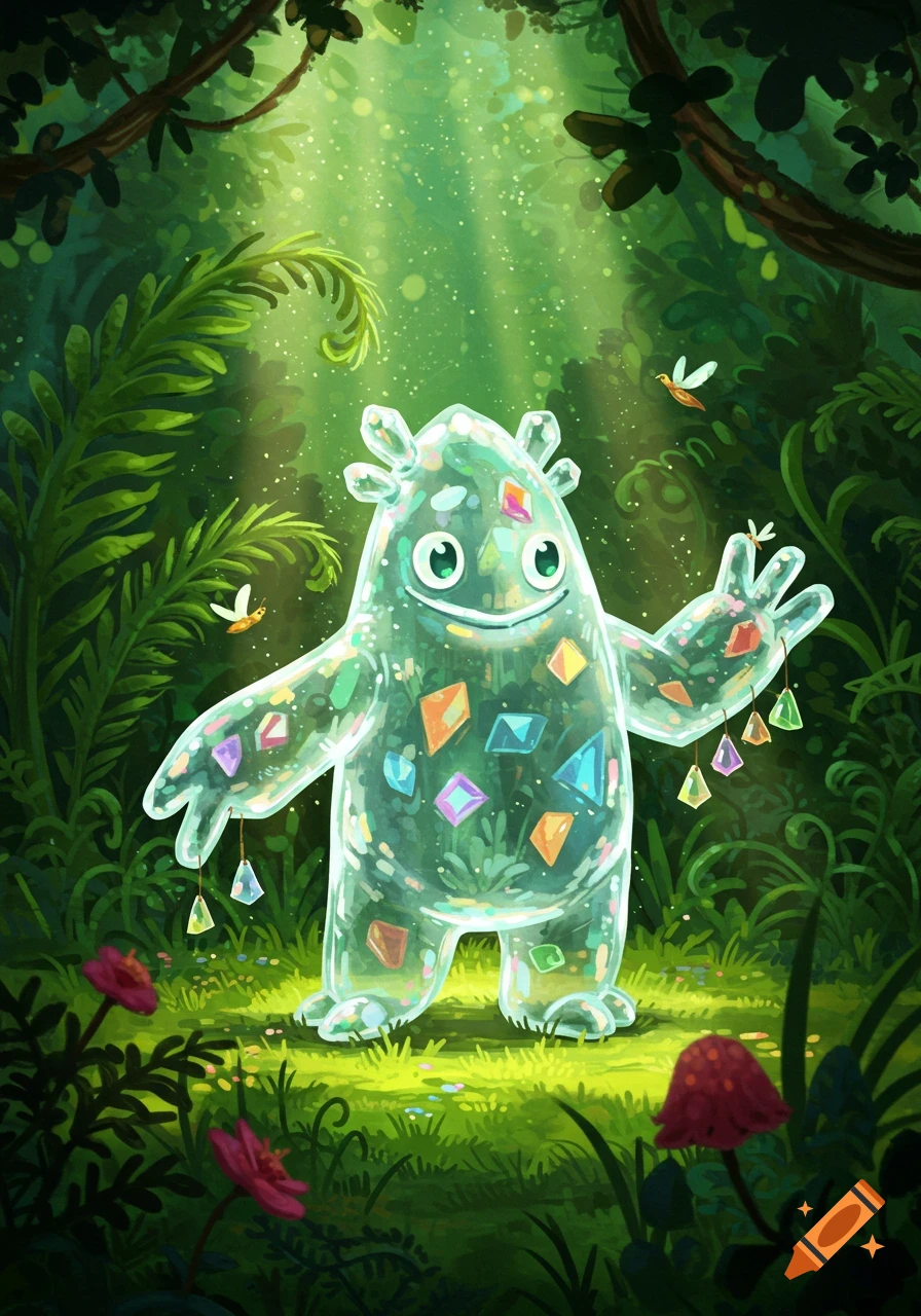 A happy, translucent glass monster filled with colorful gems stands in a vibrant, sunlit jungle, surrounded by lush green foliage.