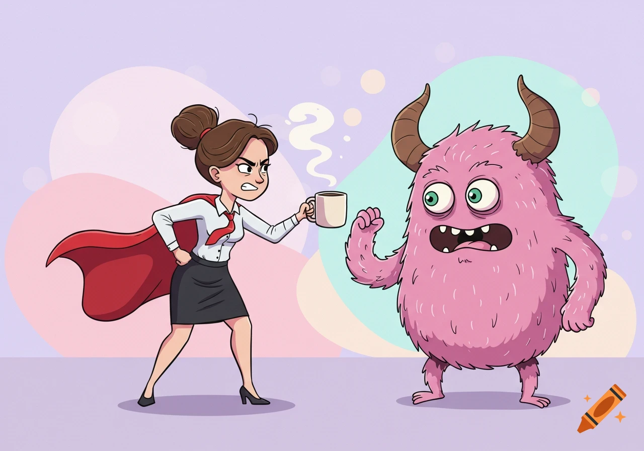 A cartoon woman in a business suit and red cape confronts a pink furry monster with a steaming coffee mug in a pastel scene.