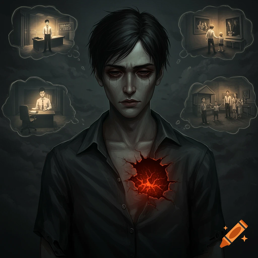A somber, pale gothic man with a glowing, cracked void in his chest; thought bubbles show unrealized career and family dreams.
