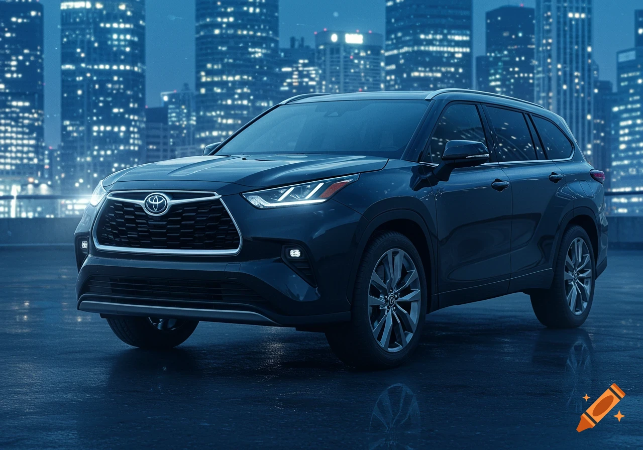 A dark blue Toyota Highlander SUV is parked on a wet surface with a blurred city skyline at night.