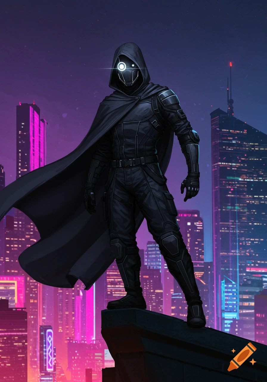 A masked hero in a black hooded suit and cape stands on a rooftop overlooking a neon-lit futuristic city.