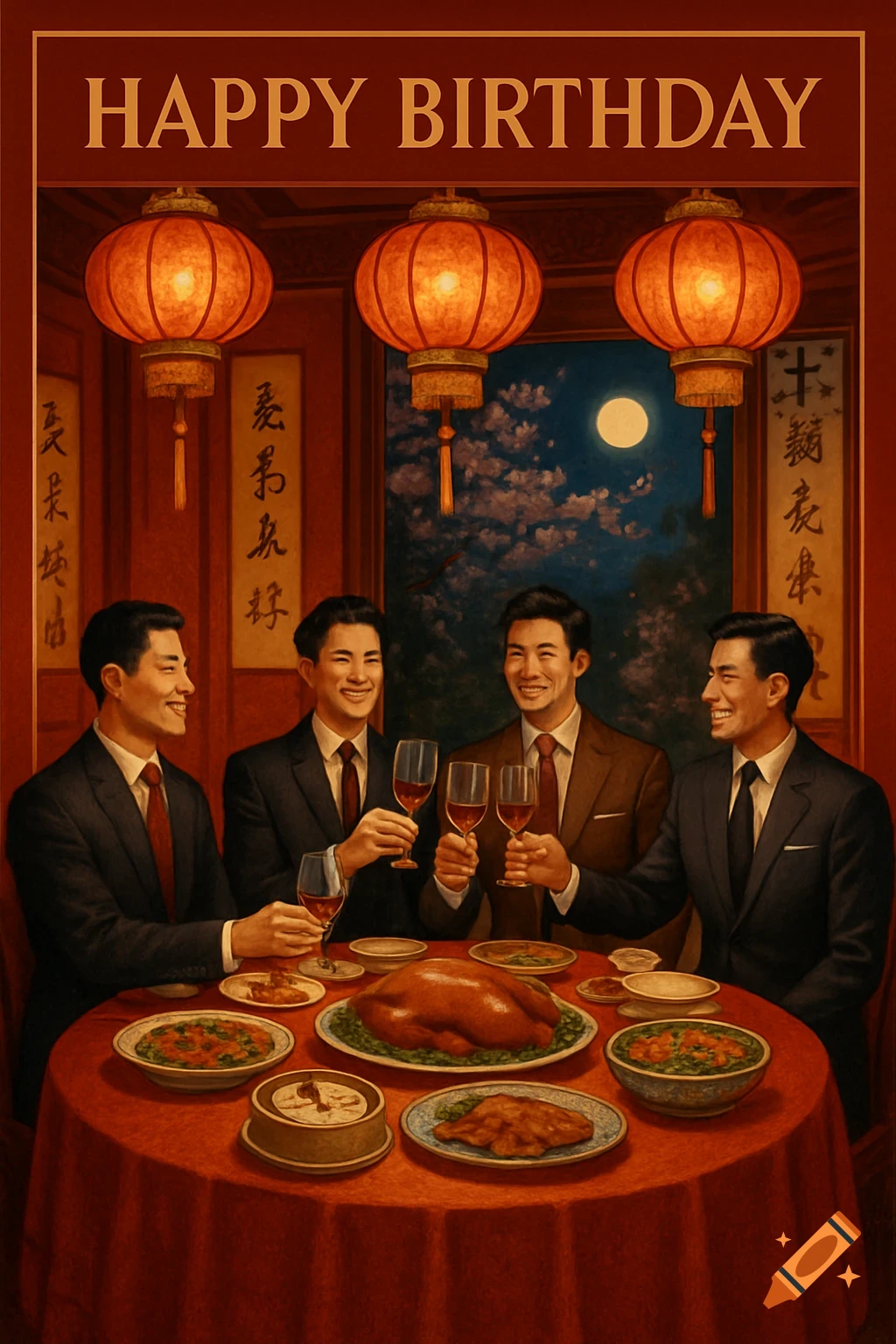 Four men in suits toast with wine at a formal Chinese birthday dinner under lanterns, with 'HAPPY BIRTHDAY' text above.