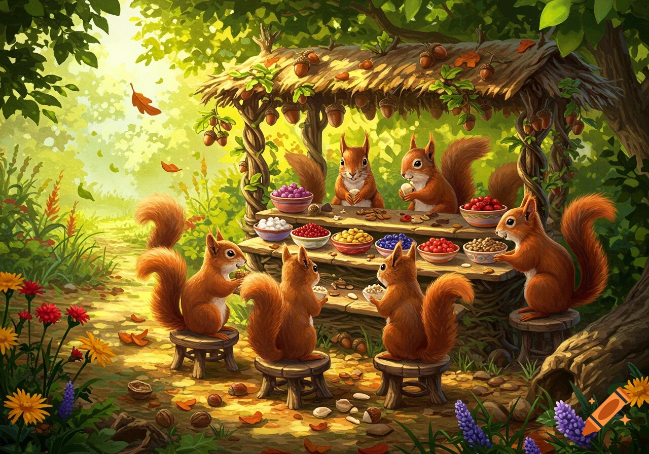 Cute squirrels enjoy snacks at a rustic forest stand, eating nuts and berries from bowls in a whimsical illustration.