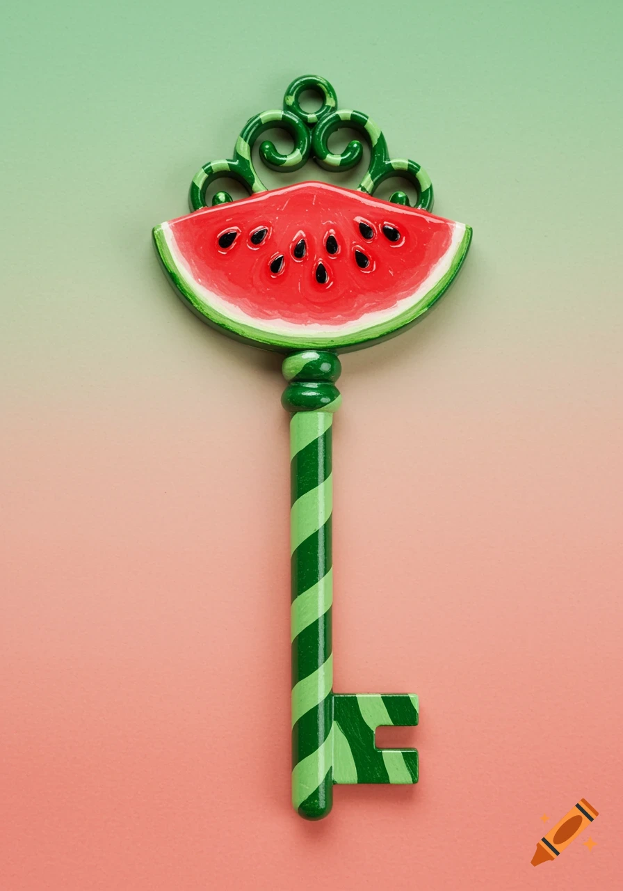 A whimsical key featuring a watermelon slice as its handle, with a green and light green striped shaft, against a gradient background.