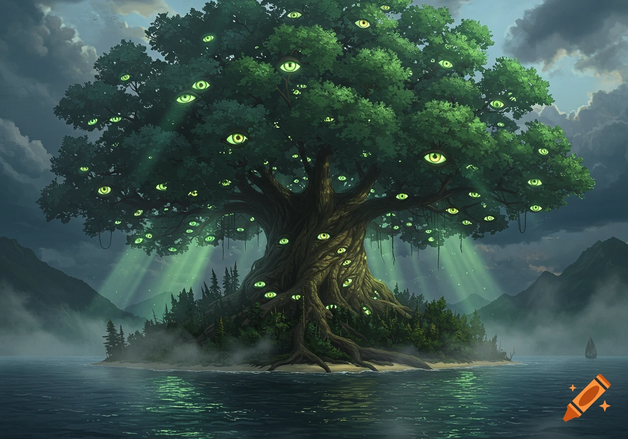 A giant tree with many glowing green eyes on an island in a misty lake, with mountains and dramatic clouds.