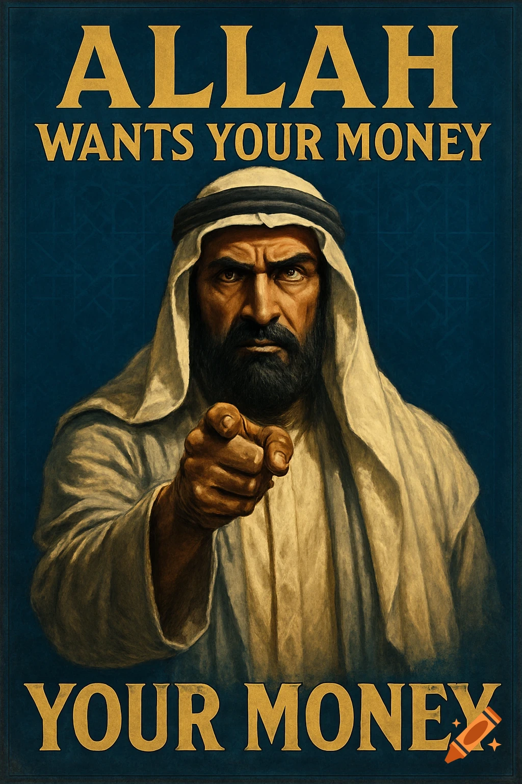 Propaganda-style poster featuring a serious man in traditional Arab attire pointing, with bold gold text 'ALLAH WANTS YOUR MONEY' and 'YOUR MONEY'.