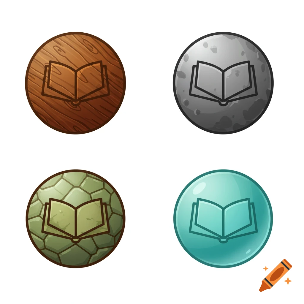 Four circular icons featuring an open book outline, set against backgrounds of wood, grey stone, green cobblestone, and teal glass.