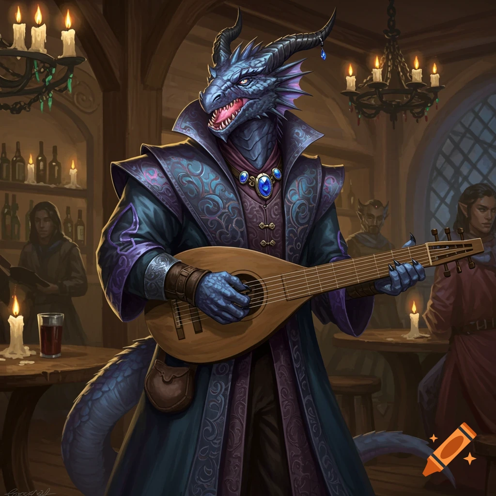A blue dragonborn bard in a patterned coat plays a lute in a dimly lit tavern, fantasy art style.