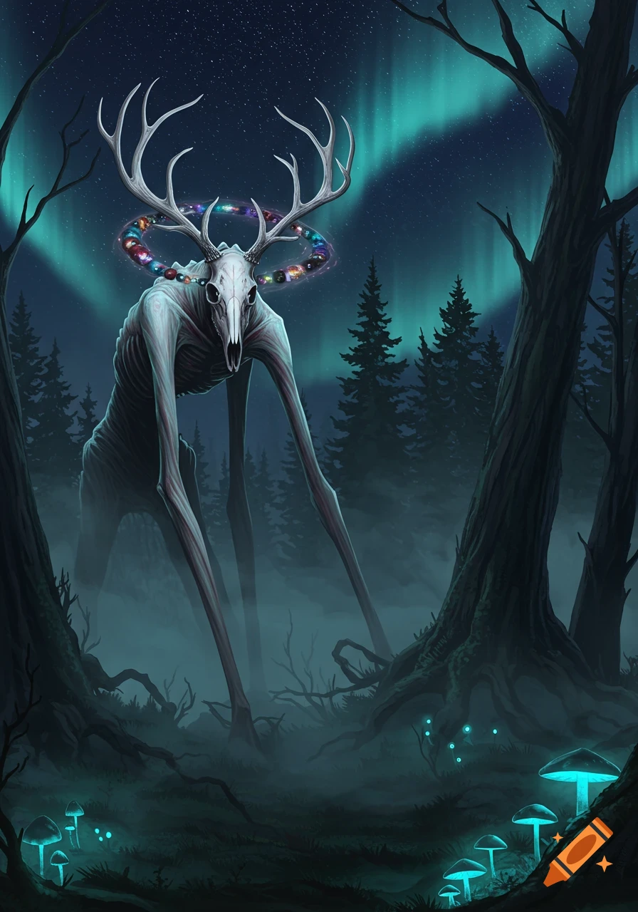 A gaunt, antlered skeletal creature with an orbiting ring of colorful orbs stands in a misty, dark forest under a green aurora.