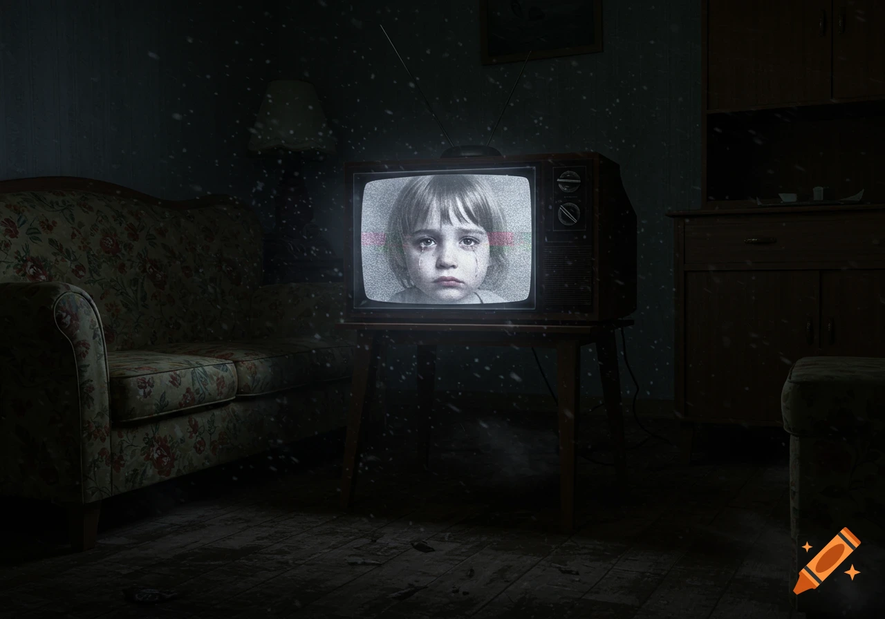 A crying child's face on a static vintage television screen in a dark, eerie lounge room.