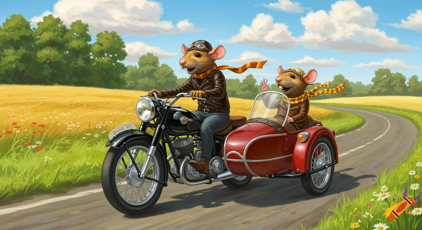 Cartoon mice ride a motorcycle with a sidecar on a winding country road through a field under a blue sky.