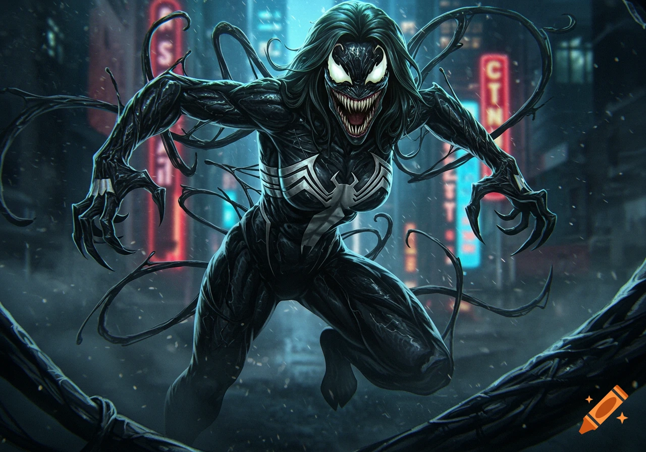 She-Venom, a black symbiotic creature with sharp teeth and white eyes, lunges forward in a dark, rainy city street, in a comic book art style.