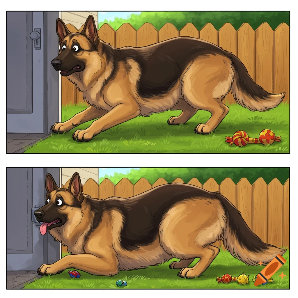 A cartoon German Shepherd dog attempts to squeeze through a small doggy door in two panels, looking distressed and stuck.