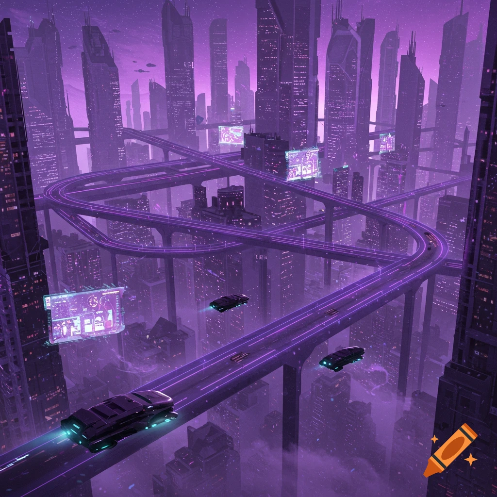 A purple-themed futuristic cityscape with towering skyscrapers and multi-level elevated highways with flying cars, under a starry sky.