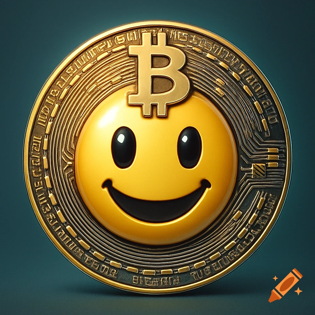 A gold Bitcoin coin featuring a yellow smiley face with a Bitcoin symbol on its forehead, surrounded by intricate circuitry patterns.