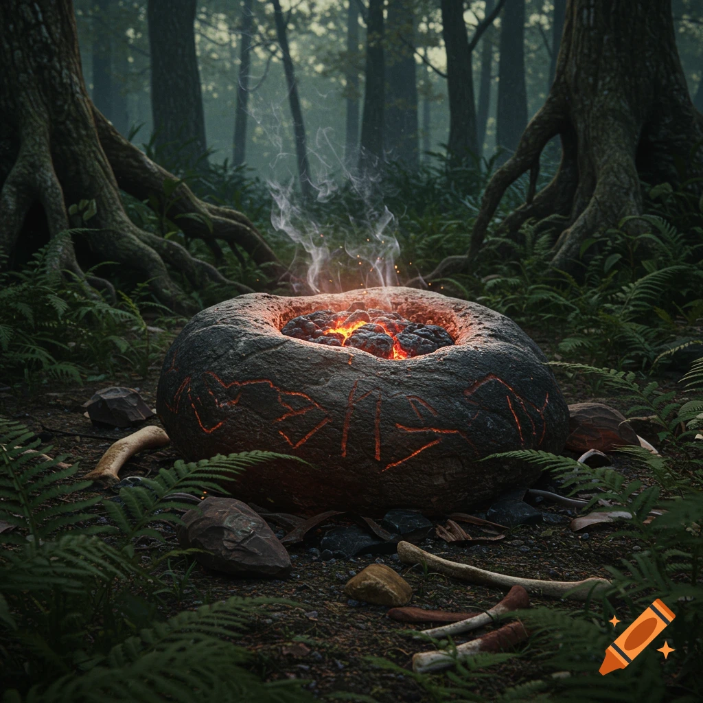 A glowing, smoking, prehistoric stone device sits on a dark forest floor surrounded by bones and stones in a photorealistic style.