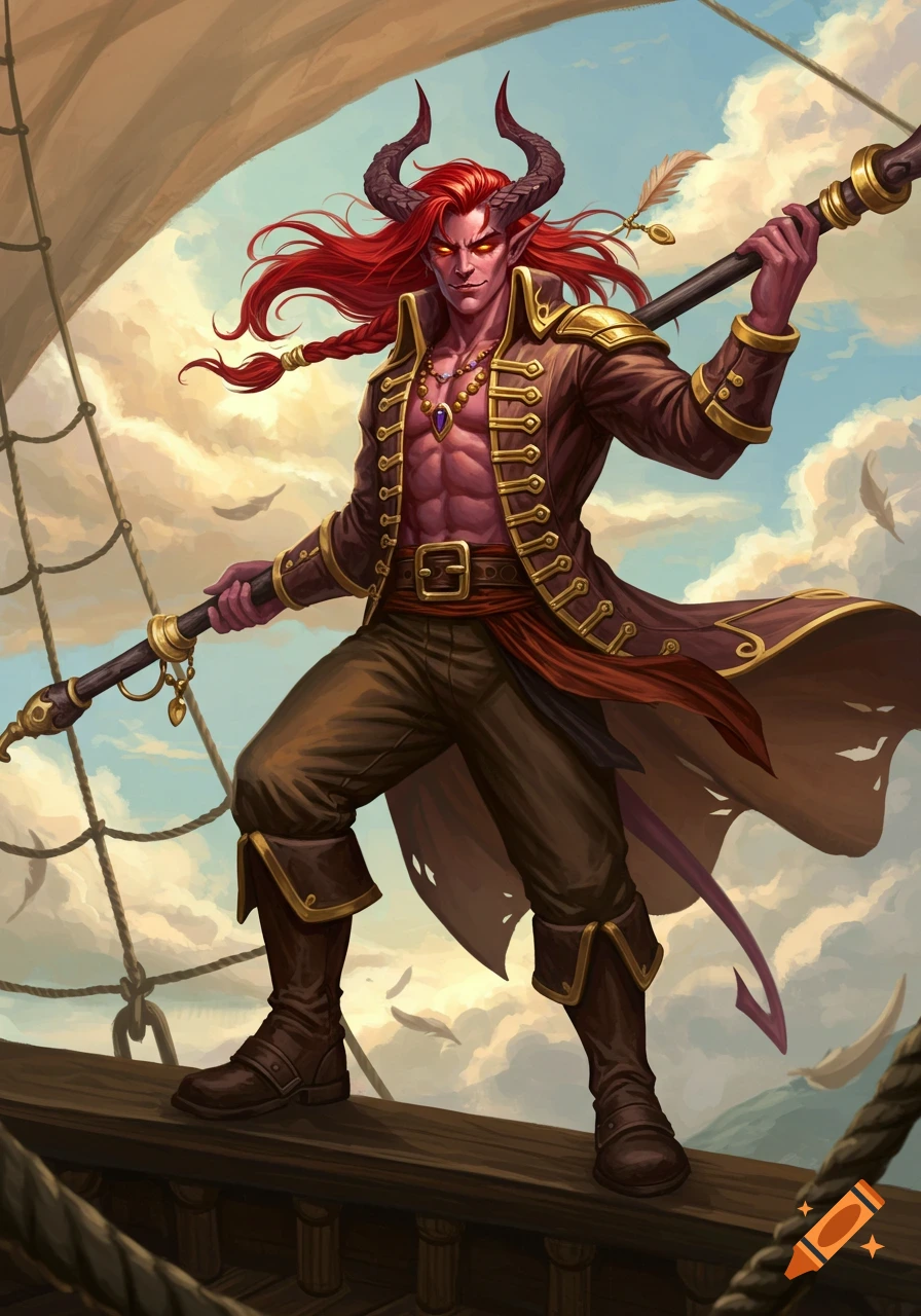 A red-skinned tiefling pirate with horns and long red hair stands confidently on a ship's deck, holding a staff, rendered in a painterly fantasy art style.