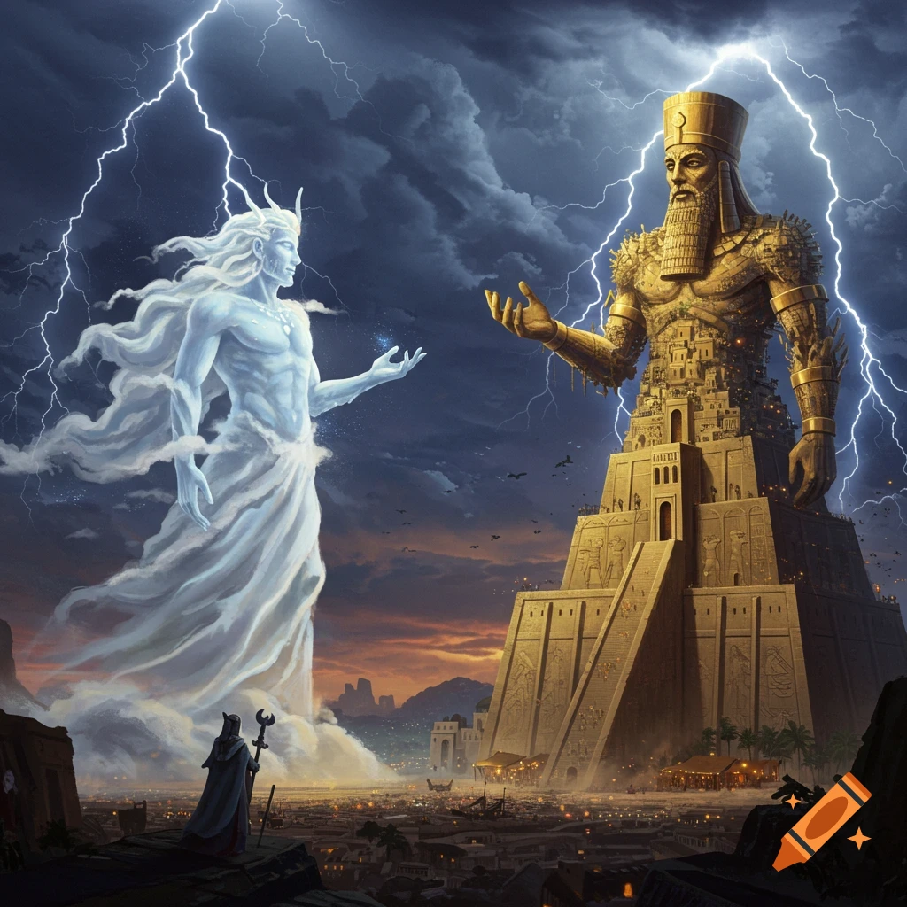 A cloud-like prince faces a towering Babylonian king made of a city under a stormy, lightning-filled sky.