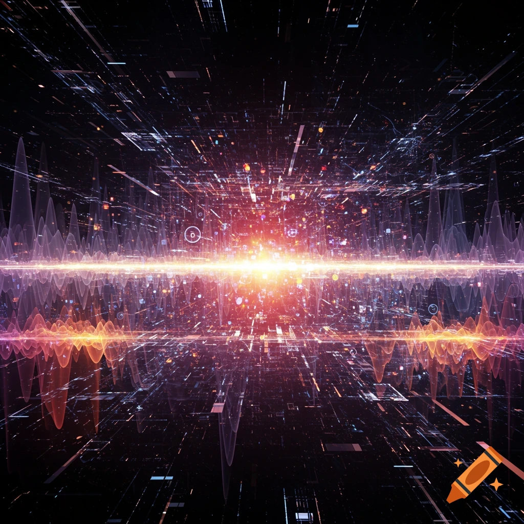 Abstract digital landscape with a central glowing light, intricate networks of lines, and prominent wavy data streams.