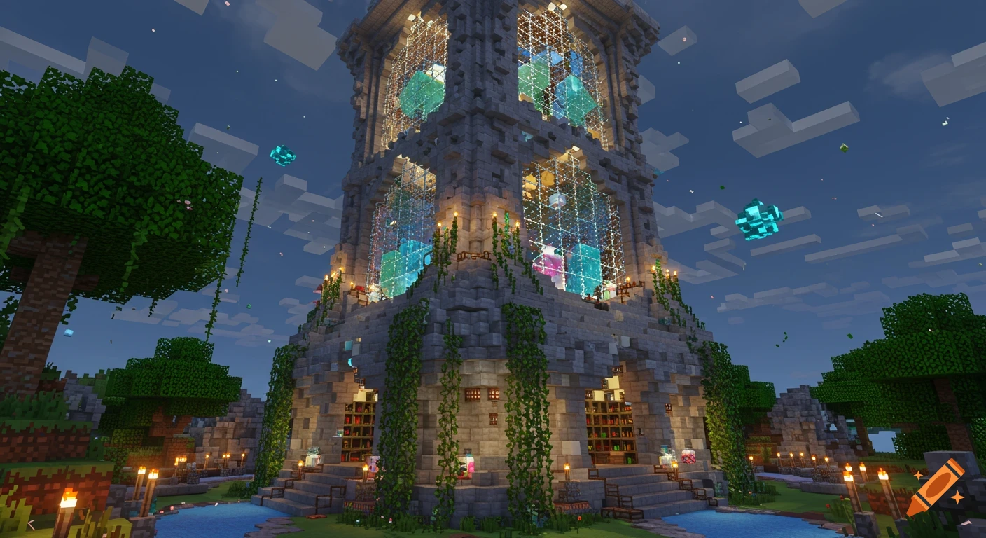 A tall, blocky Minecraft tower with glowing magical windows, surrounded by trees and a moat at dusk.