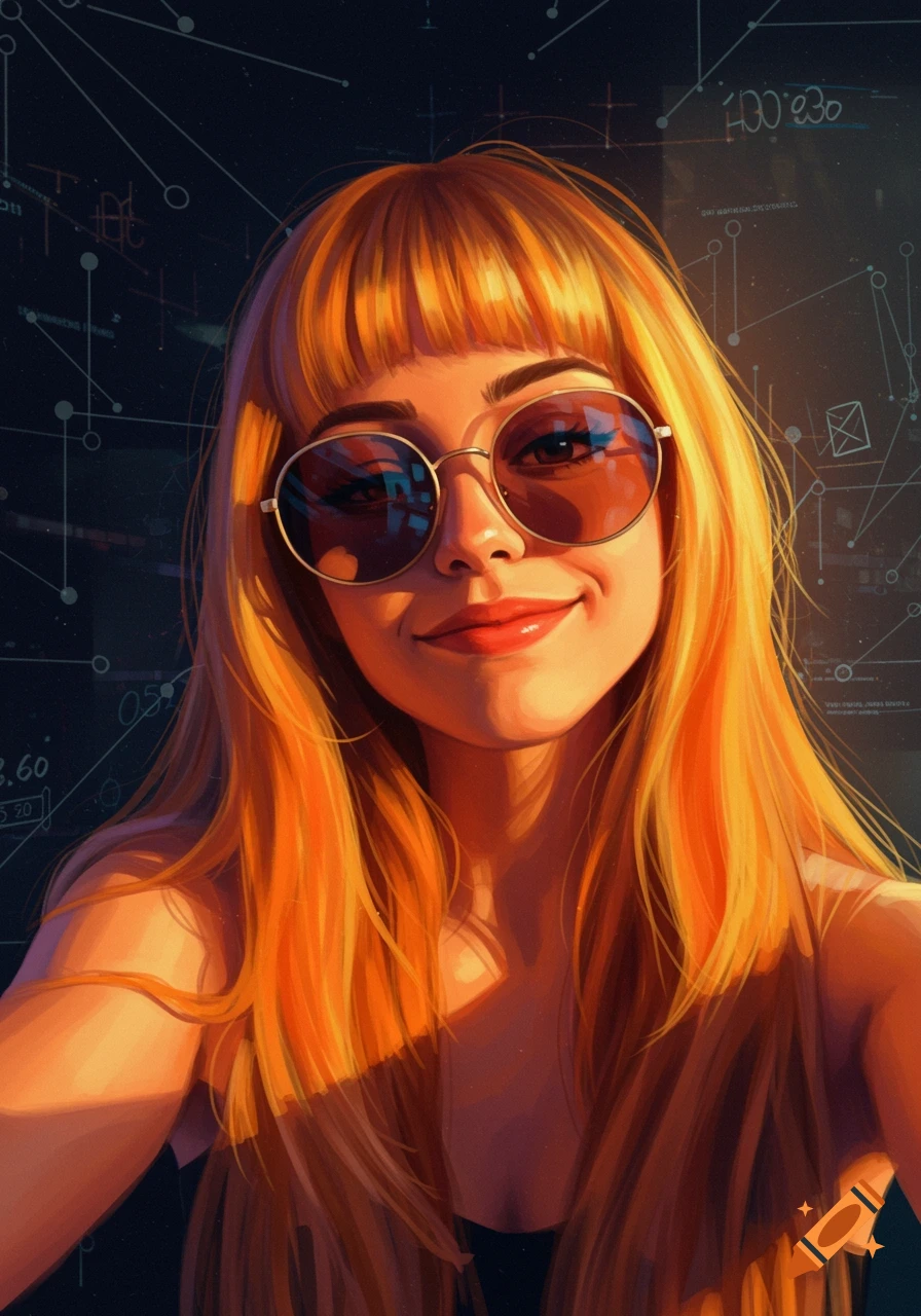 Smiling young woman with orange hair and reflective sunglasses taking a selfie, illustrated in vibrant digital art style.