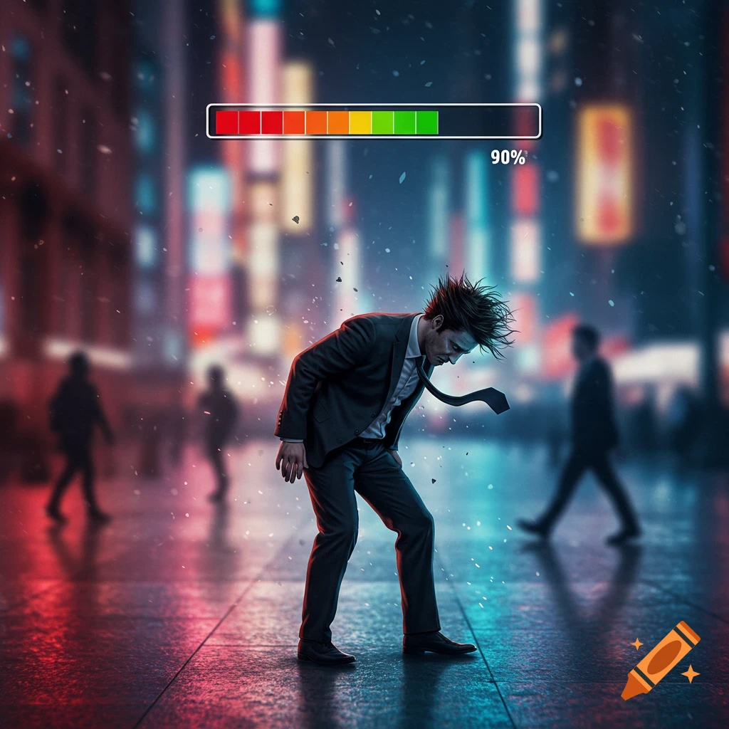 A disheveled businessman stands on a rainy city street at night, with a "90%" health bar above his head.