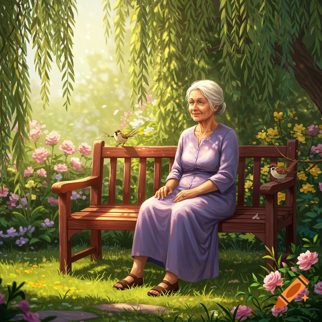 An elderly woman with white hair sits on a wooden bench in a lush, sunlit garden with pink and yellow flowers and two sparrows.