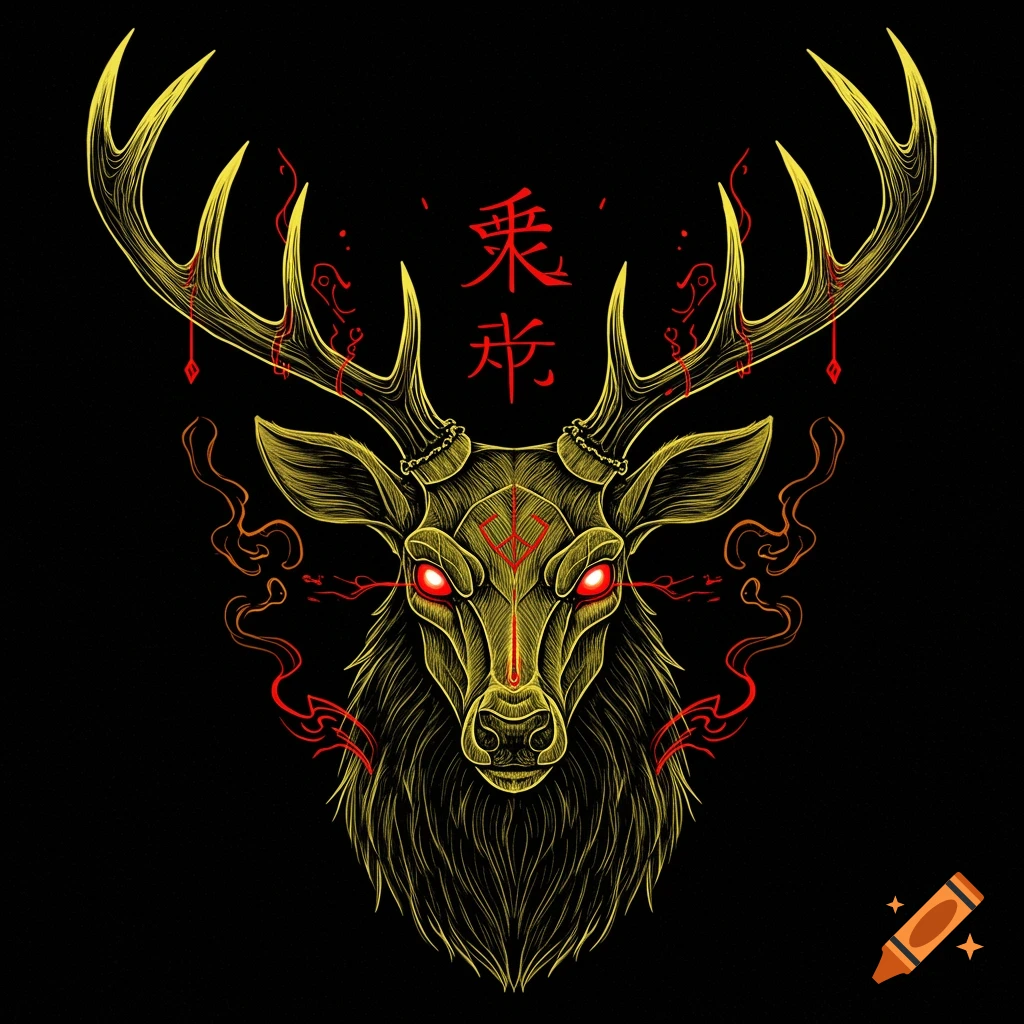 A stylized hand-drawn yellow and red illustration of a stag head with glowing red eyes and kanji symbols on a black background.
