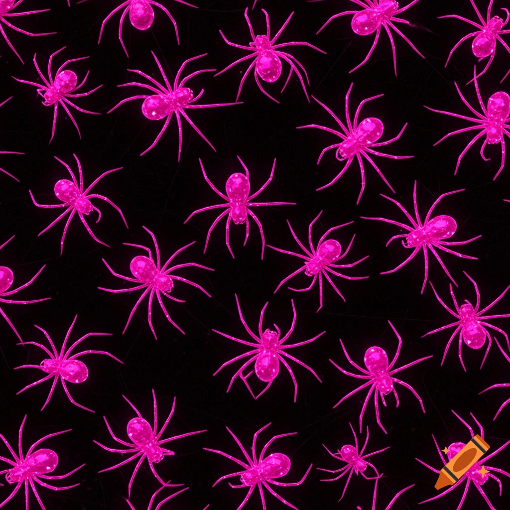 Seamless pattern of shimmering hot pink spiders on a dark, textured background.