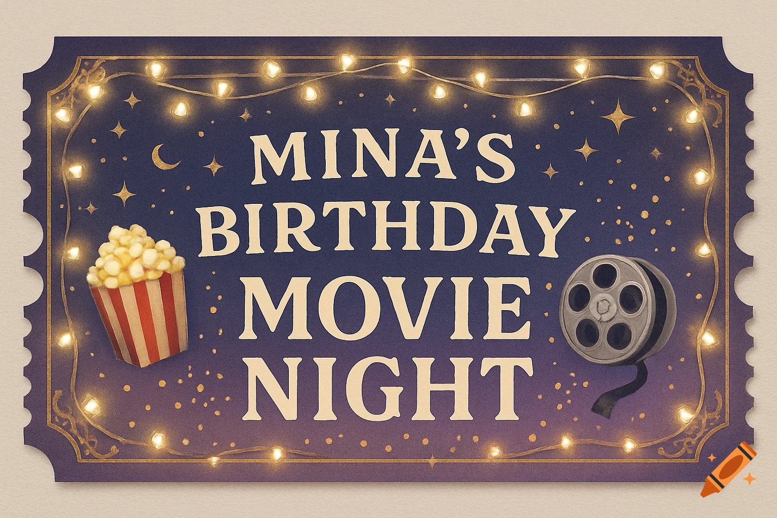 A vintage-style movie ticket for 'Mina's Birthday Movie Night' with popcorn, a film reel, and string lights.