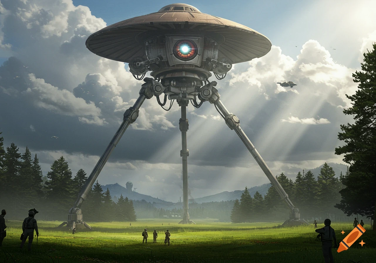 A colossal metallic tripod alien war machine stands in a green field under a dramatic sky, with small human figures and pine trees.