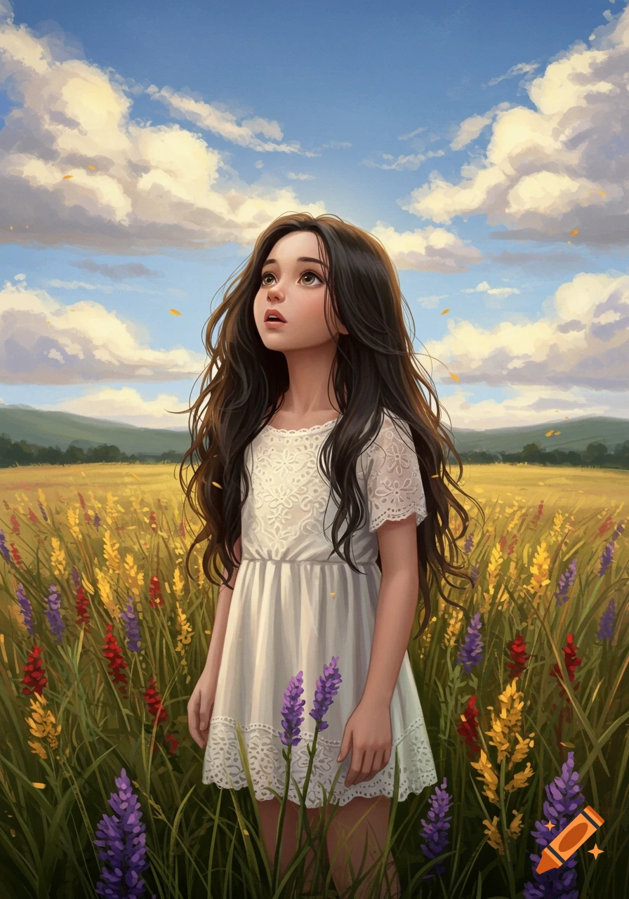 Illustrated girl with long dark hair looking up in a colorful wildflower field under a blue sky.