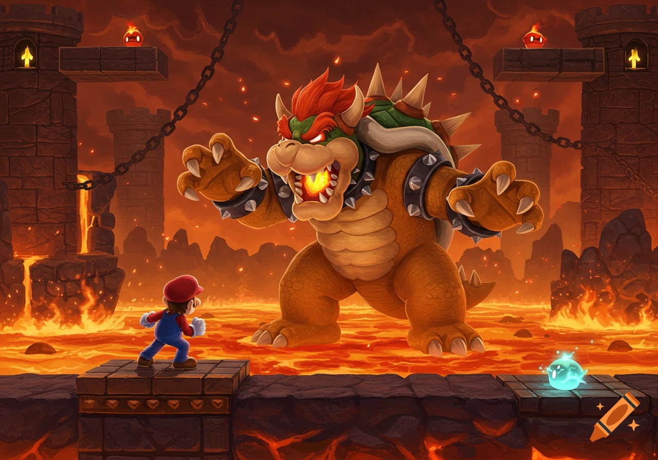 Mario faces a fire-breathing Bowser in a lava-filled castle dungeon, in a colorful 2D video game art style.